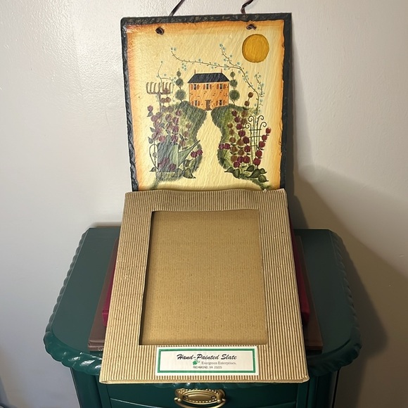 New Hand Painted Slate Folk Art Country Manor Rose Garden Wall Hanging - Picture 2 of 8